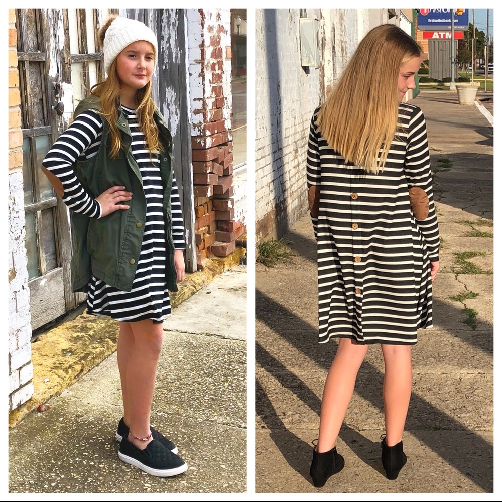 Girls Tween  Black Stripe Dress, Button Down Back